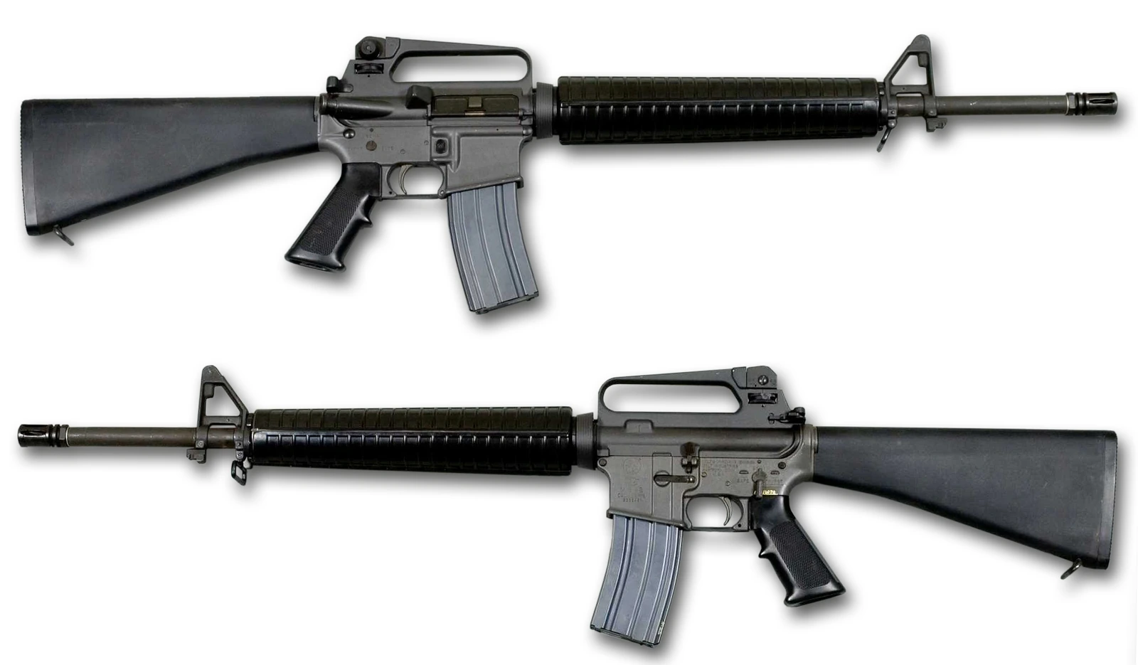 Two views of an M16A2 rifle isolated on white, left and right sides, showing the carrying handle, the ribbed round handguard and a curved magazine