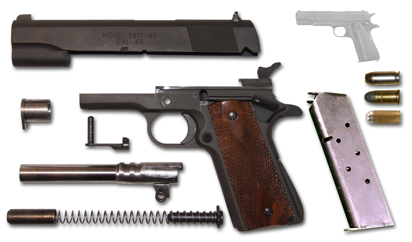 An M1911A1 pistol fieldstripped on a white background: slide, frame with wooden grips, barrel with its swinging link, recoil spring and guide, bushing, slide stop, magazine and three cartridges