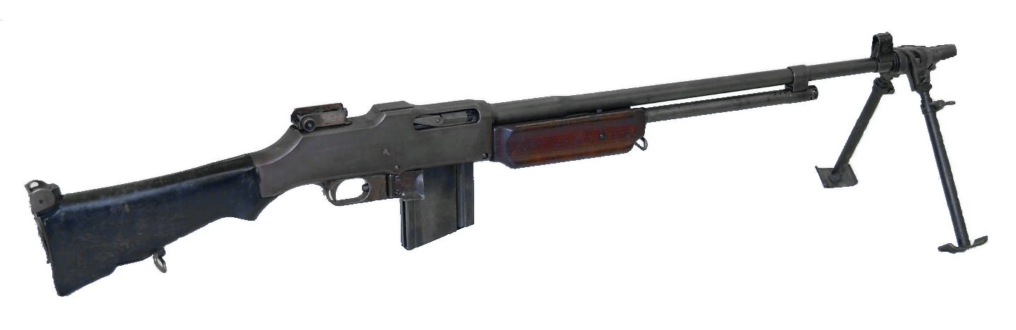 An M1918 Browning automatic rifle isolated on white, seen from the left, with a dark wooden butt, a wooden forend, a straight 20-round magazine below the receiver and a folding bipod at the muzzle