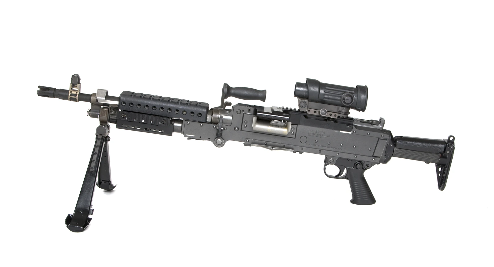 A black belt-fed machine gun on a plain background, seen from the left, with a rail-mounted optical sight, a folding bipod and a ribbed barrel jacket