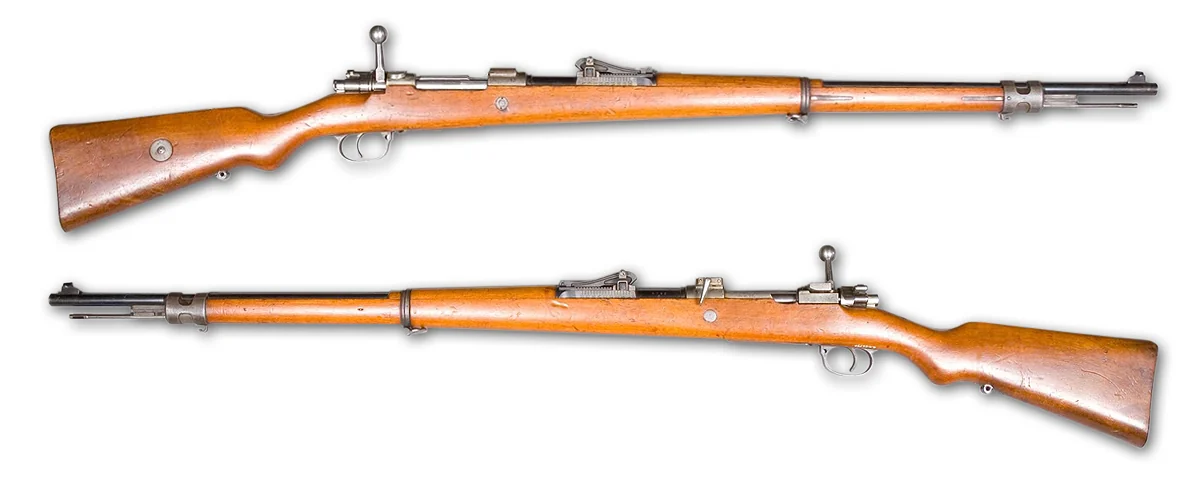 A Gewehr 98 bolt-action rifle, right side profile, isolated on a plain background