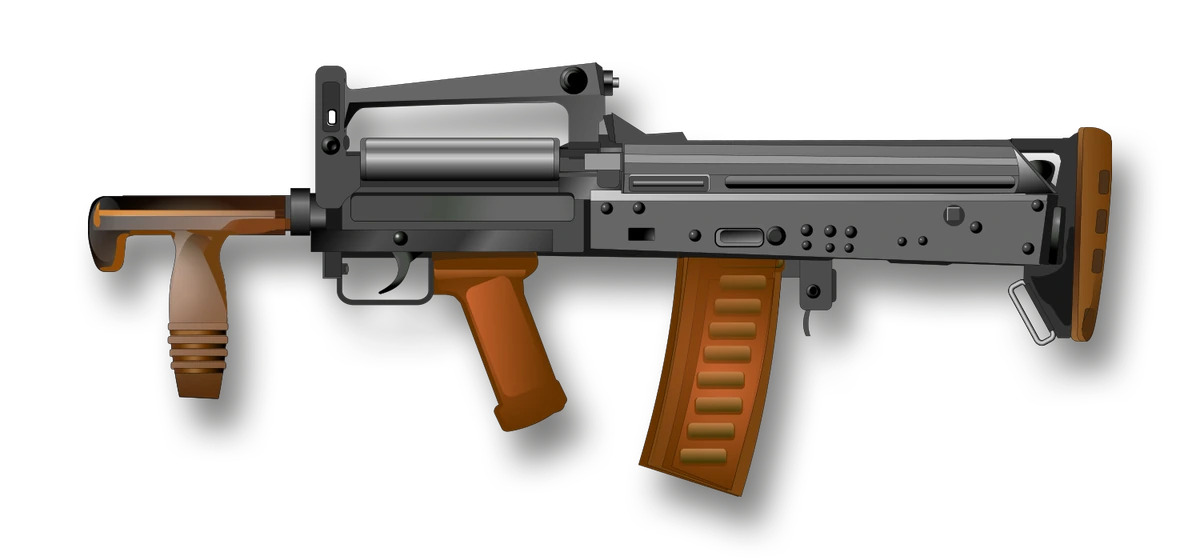 A colour illustration of a compact bullpup weapon seen from the left against a plain ground. The magazine sits behind the pistol grip, an orange-brown vertical foregrip stands well forward under the barrel, a heavy carrying handle with a tubular body runs along the top, and a short butt pad closes the rear of the receiver.