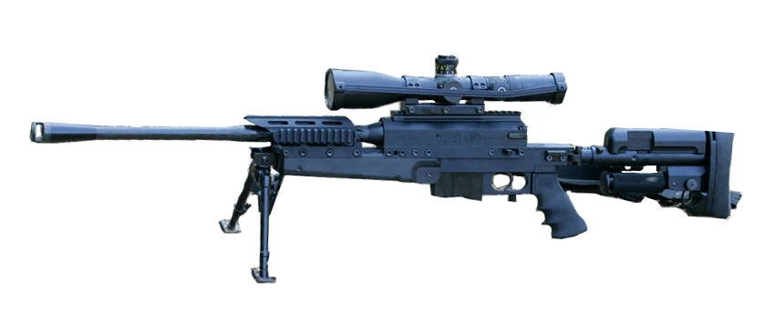 A bolt-action sniper rifle with a bipod and telescopic sight, photographed in profile