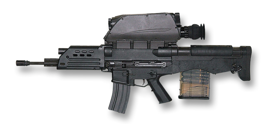 A K11 bullpup rifle with a boxy sight unit on top and a curved magazine, photographed in profile