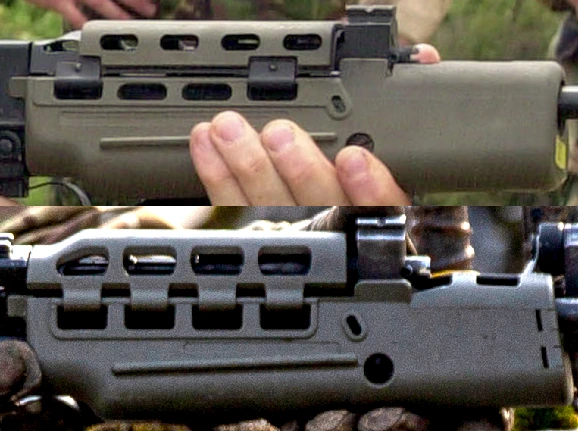 Two SA80 rifle handguards shown one above the other: the upper one plain and rounded, the lower one squared off with accessory rail slots cut into it
