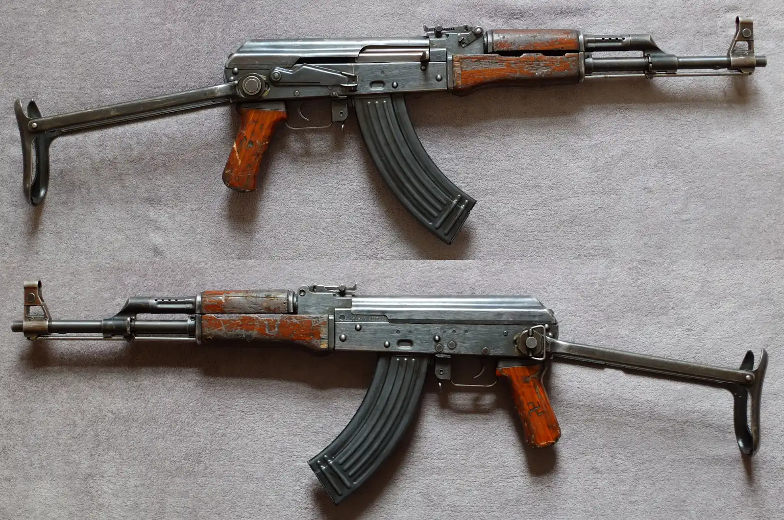 Both sides of a Chinese Type 56-1 rifle shown one above the other