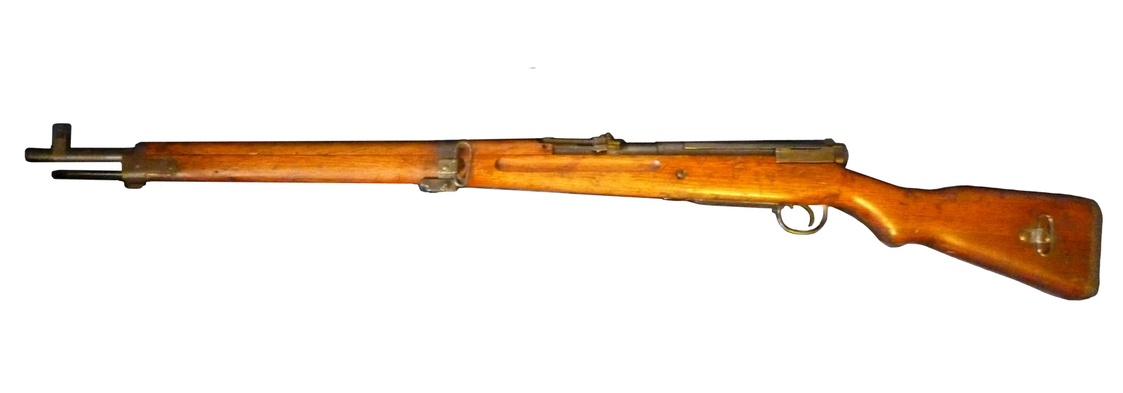 A bolt-action rifle with a long wooden stock and upper handguard, shown in full from the left side against a black ground, its bolt handle turned down and a sling swivel under the butt.