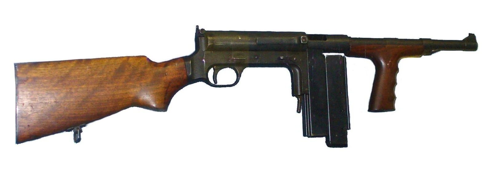A United Defense M42 submachine gun with wooden stock and a straight box magazine, photographed against a plain ground