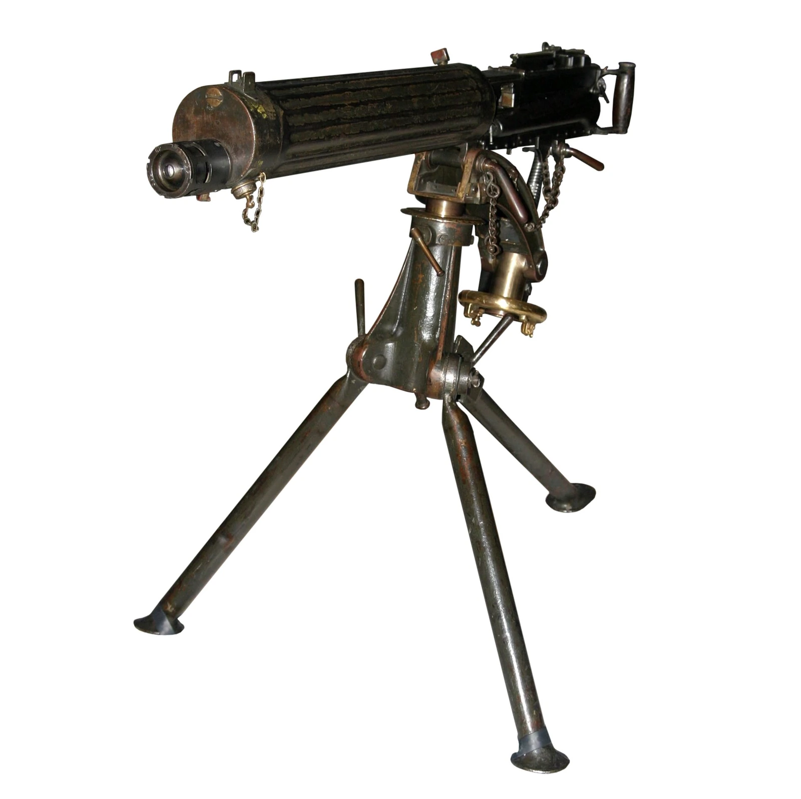 A Vickers machine gun mounted on its low tripod, with its ribbed water-cooling jacket around the barrel and the belt-feed mechanism visible on top of the receiver