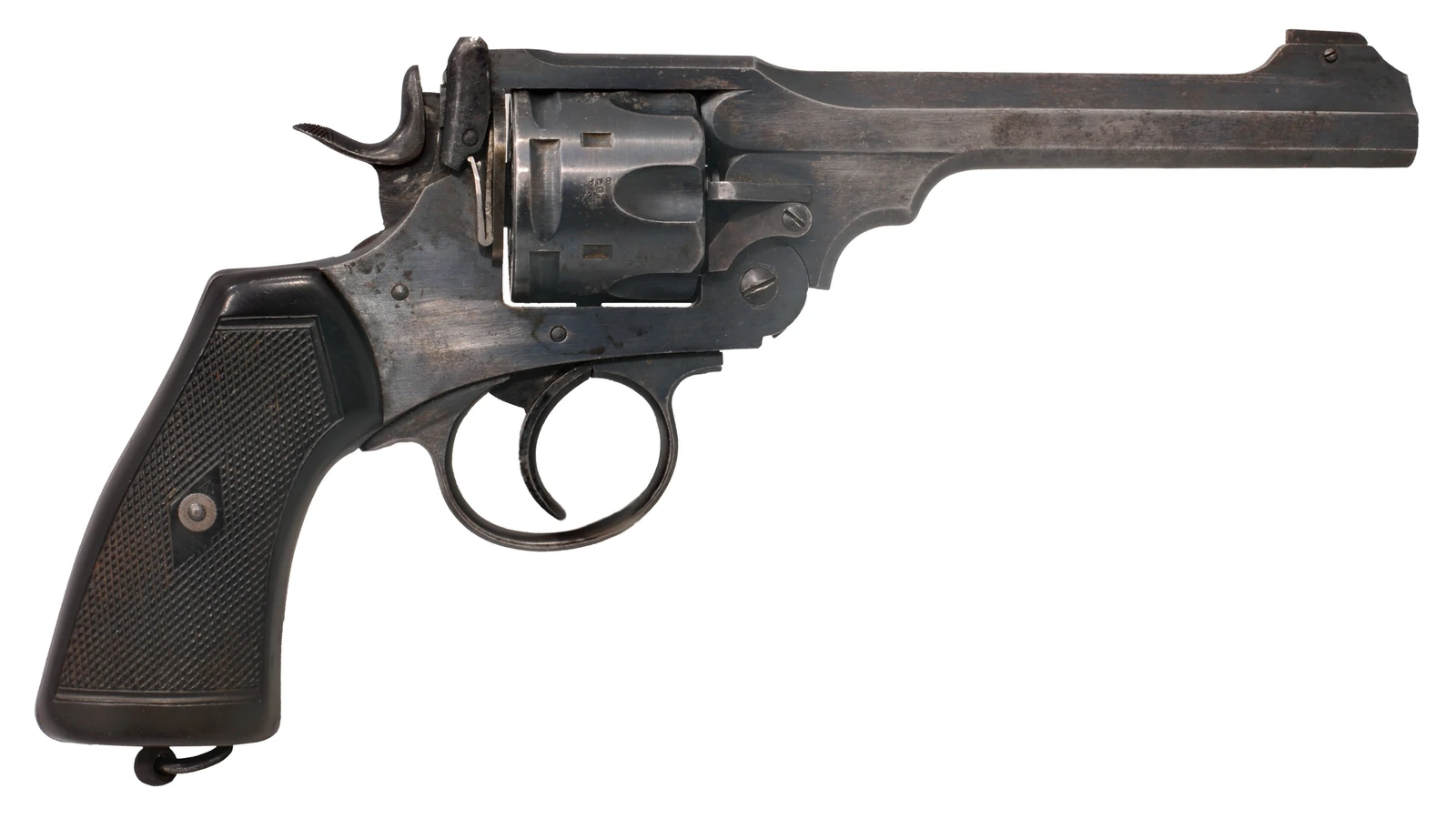 A large break-top revolver with a chequered wooden grip, a long round barrel and a prominent trigger guard, photographed against a plain background.