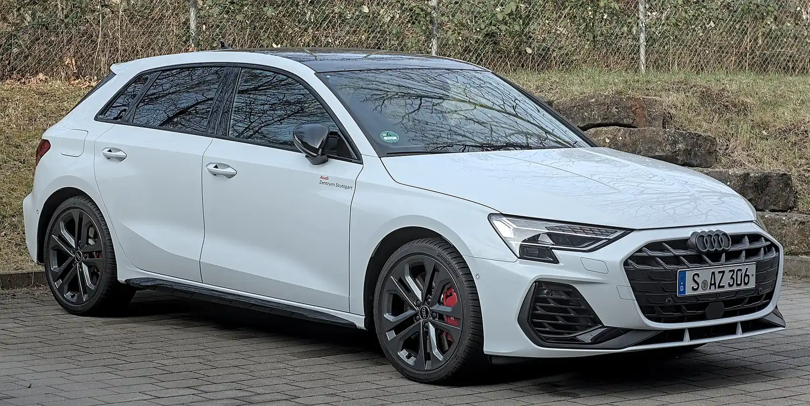 White facelifted Audi A3 Sportback S-Line photographed from the front three-quarter angle