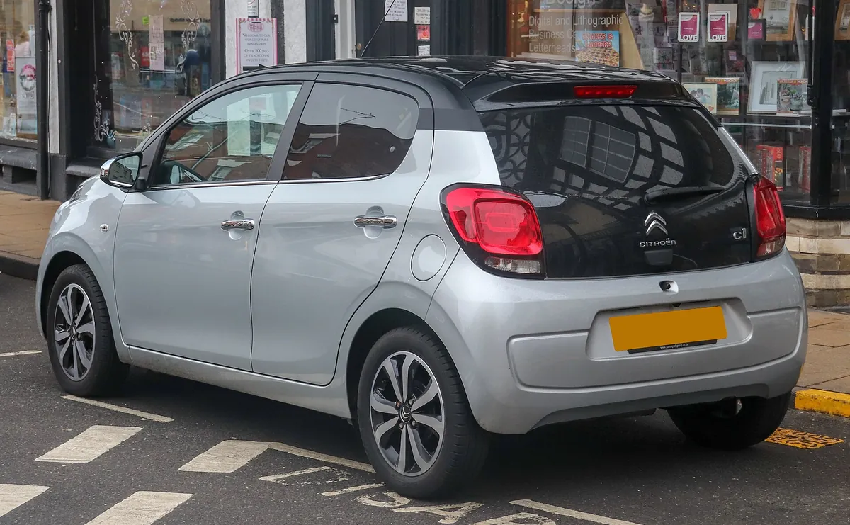 Rear three-quarter view of a silver second-generation Citroën C1 Flair hatchback