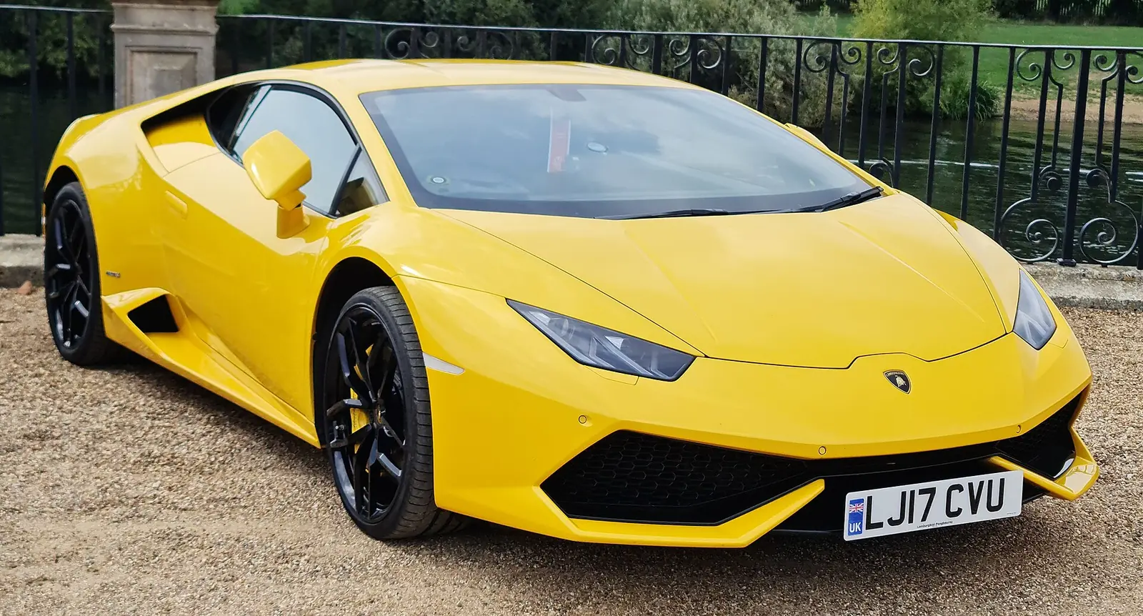 Yellow Lamborghini Huracán LP 610-4 photographed from the front three-quarter angle