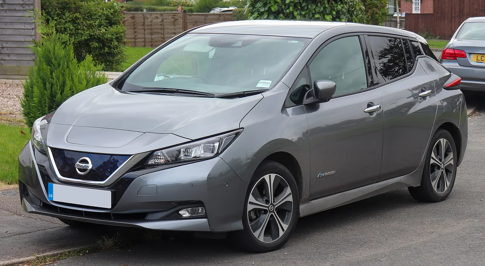 Grey second-generation Nissan Leaf hatchback photographed from the front three-quarter angle