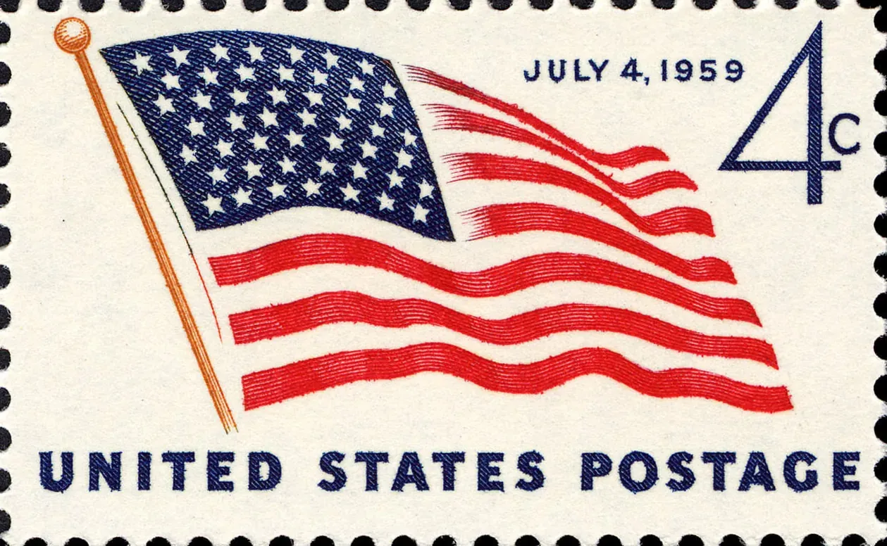 A red, white and blue postage stamp depicting a waving American flag with forty-nine stars, marked 'July 4, 1959' and '4 cents, United States Postage'.