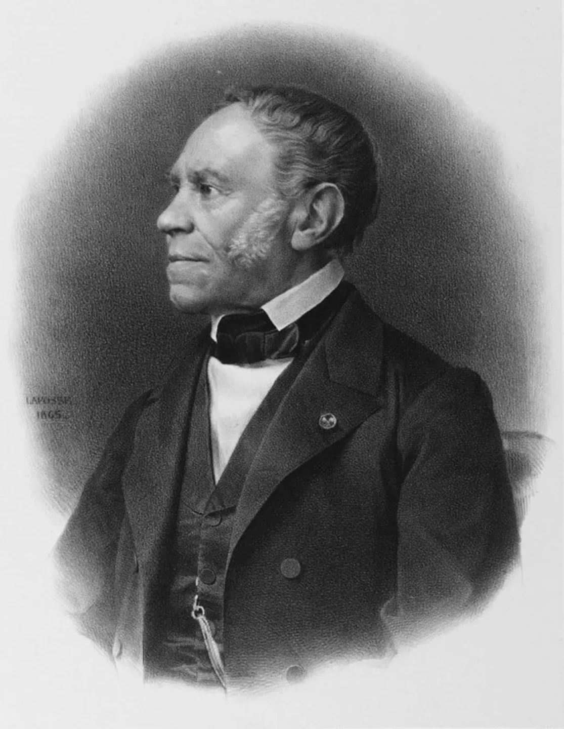Nineteenth-century engraved portrait of an older balding man in profile, wearing a dark coat, waistcoat and cravat.
