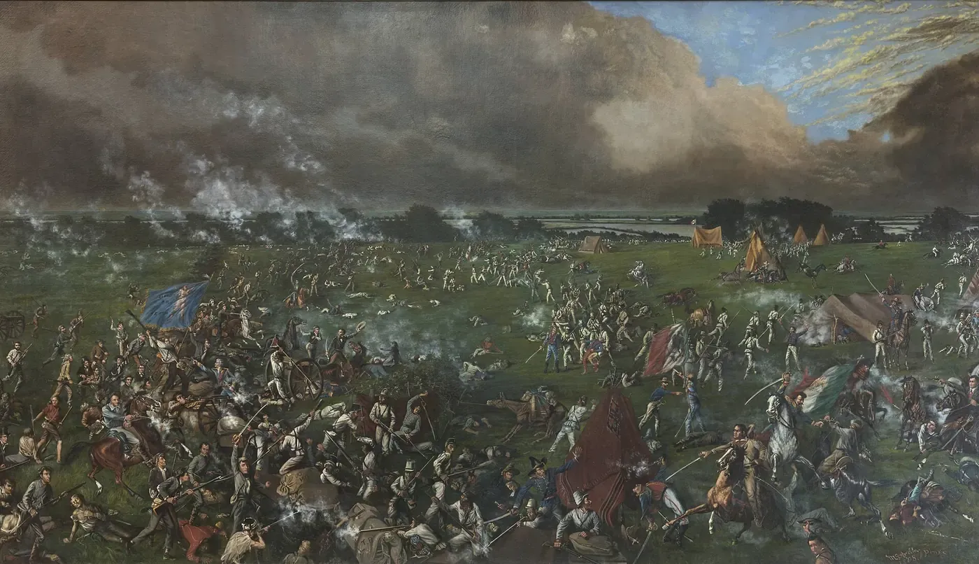 A large history painting of chaotic hand-to-hand fighting between mounted and dismounted soldiers on an open plain, smoke rising in the background.