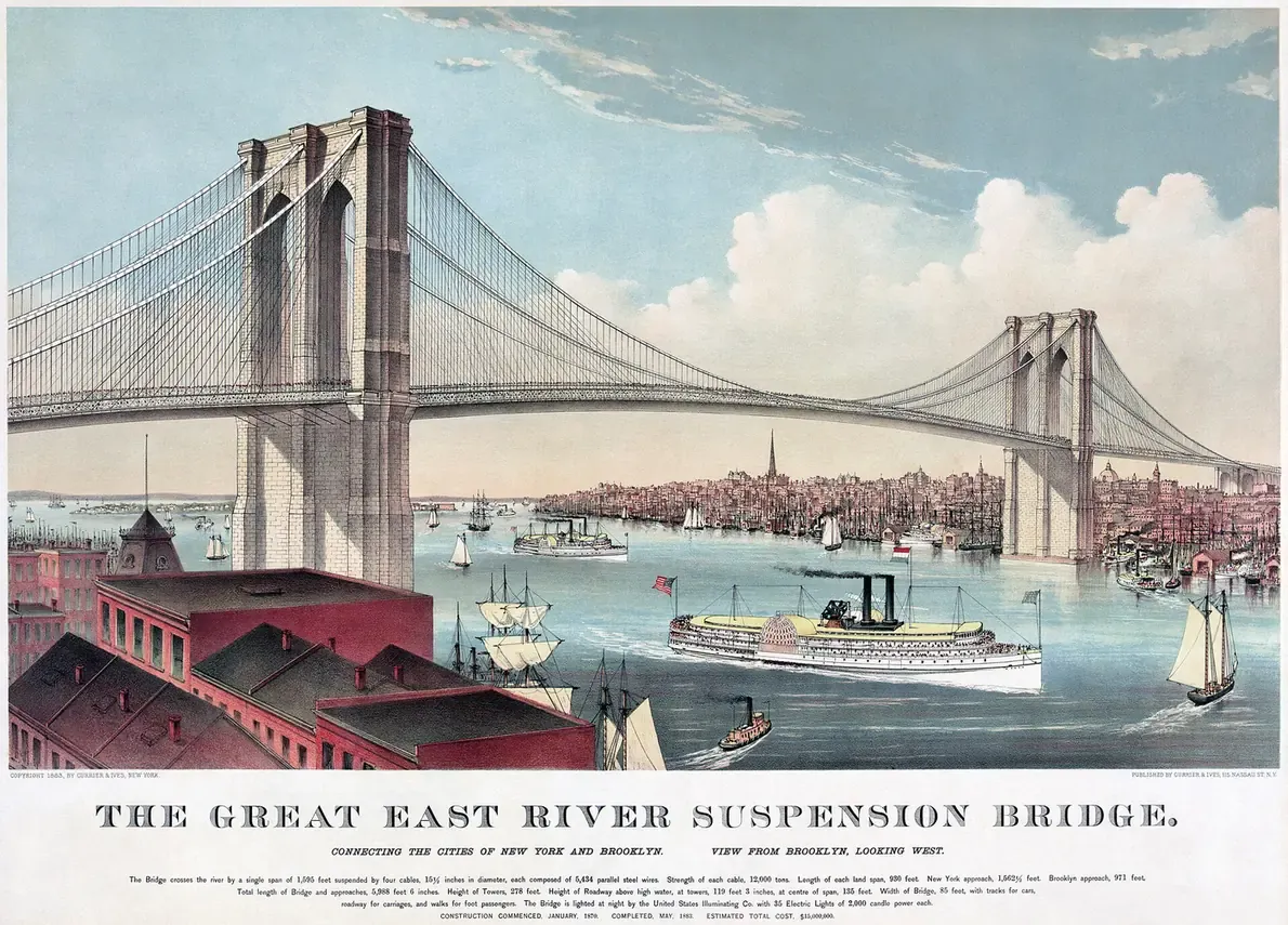 A colour print of the Brooklyn Bridge viewed from below, its stone towers and web of suspension cables spanning a busy harbour full of sailing ships and steamers.