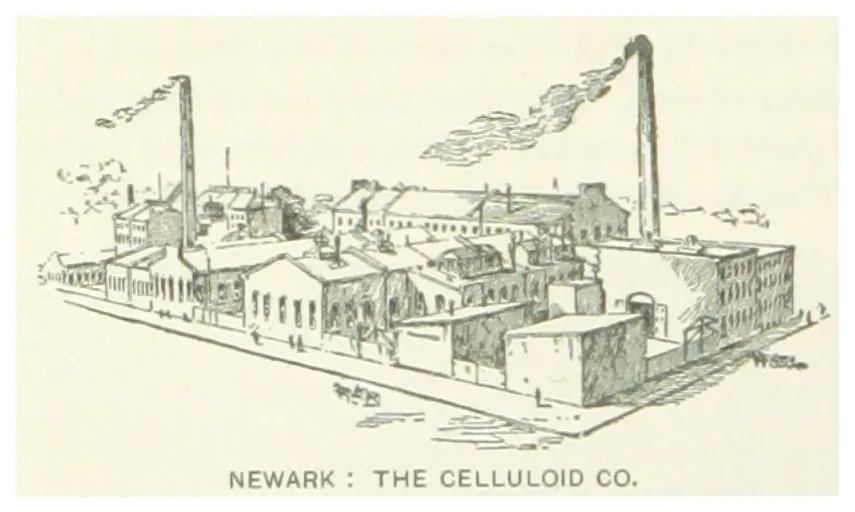 An engraved bird's-eye view of a sprawling industrial complex of low brick workshops and tall smoking chimneys, labelled 'Newark: The Celluloid Co.'