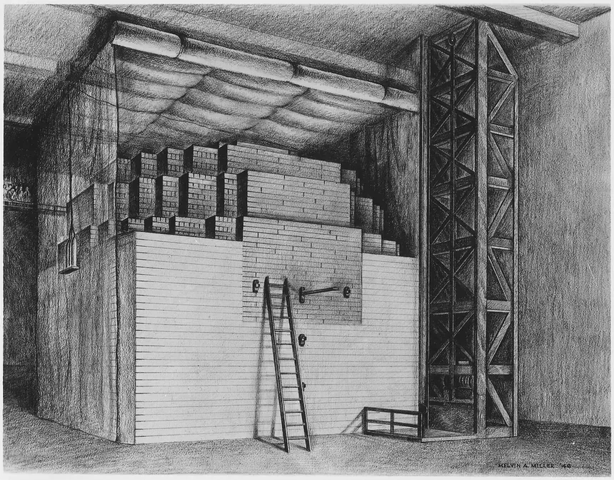 A cutaway illustration of a large cubic structure built from stacked graphite and uranium blocks inside a squash court, with a wooden control-rod scaffold beside it and a ladder leaning against the pile.