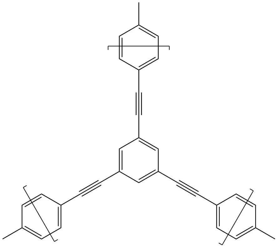 A skeletal chemical structure diagram of a three-armed molecule: a central benzene ring with three rigid alkyne-linked methyl-substituted benzene rings radiating outward at 120-degree angles.