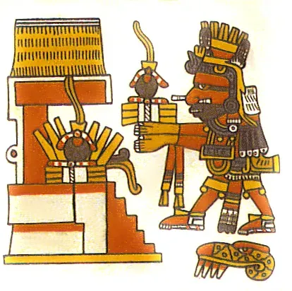 A page from an Aztec painted manuscript showing the deity Xiuhtecuhtli seated beside a round black ball, a bundle of sticks and a feather offered before him.