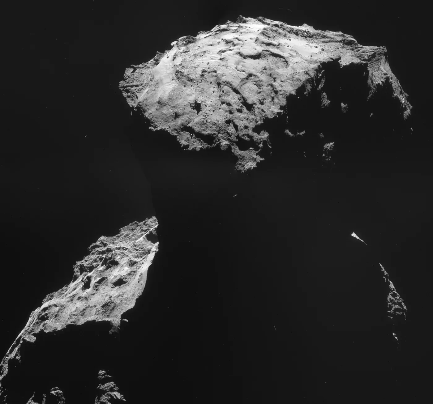 A grainy black-and-white image of an irregularly shaped, cratered comet nucleus made of two lobes joined by a narrower neck, photographed against the blackness of space.
