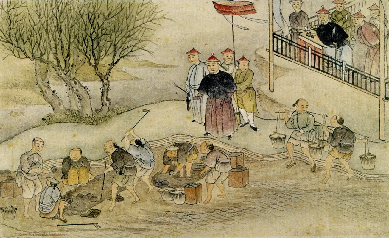 A Chinese painting showing rows of workers at pits dissolving raw opium under the supervision of officials, with covered sheds in the background.