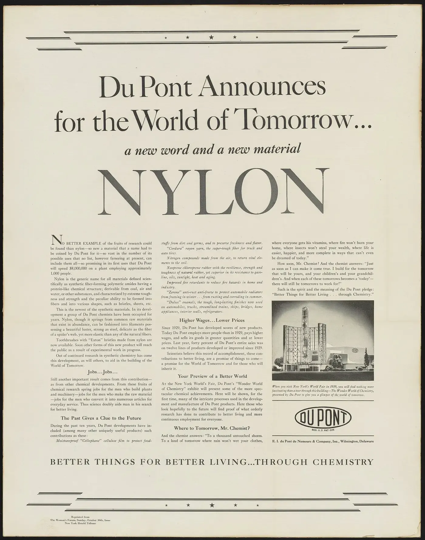 A full-page 1938 newspaper advertisement headlined 'Du Pont Announces for the World of Tomorrow... a new word and a new material NYLON', dense with body text, ending with a photograph of the Wonder World of Chemistry pavilion and the DuPont oval logo.