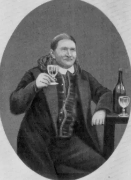 An oval Victorian-era engraved portrait of a seated man in a dark coat, raising a glass of clear liquid in a toast, with a wine bottle and a second glass on the table beside him.