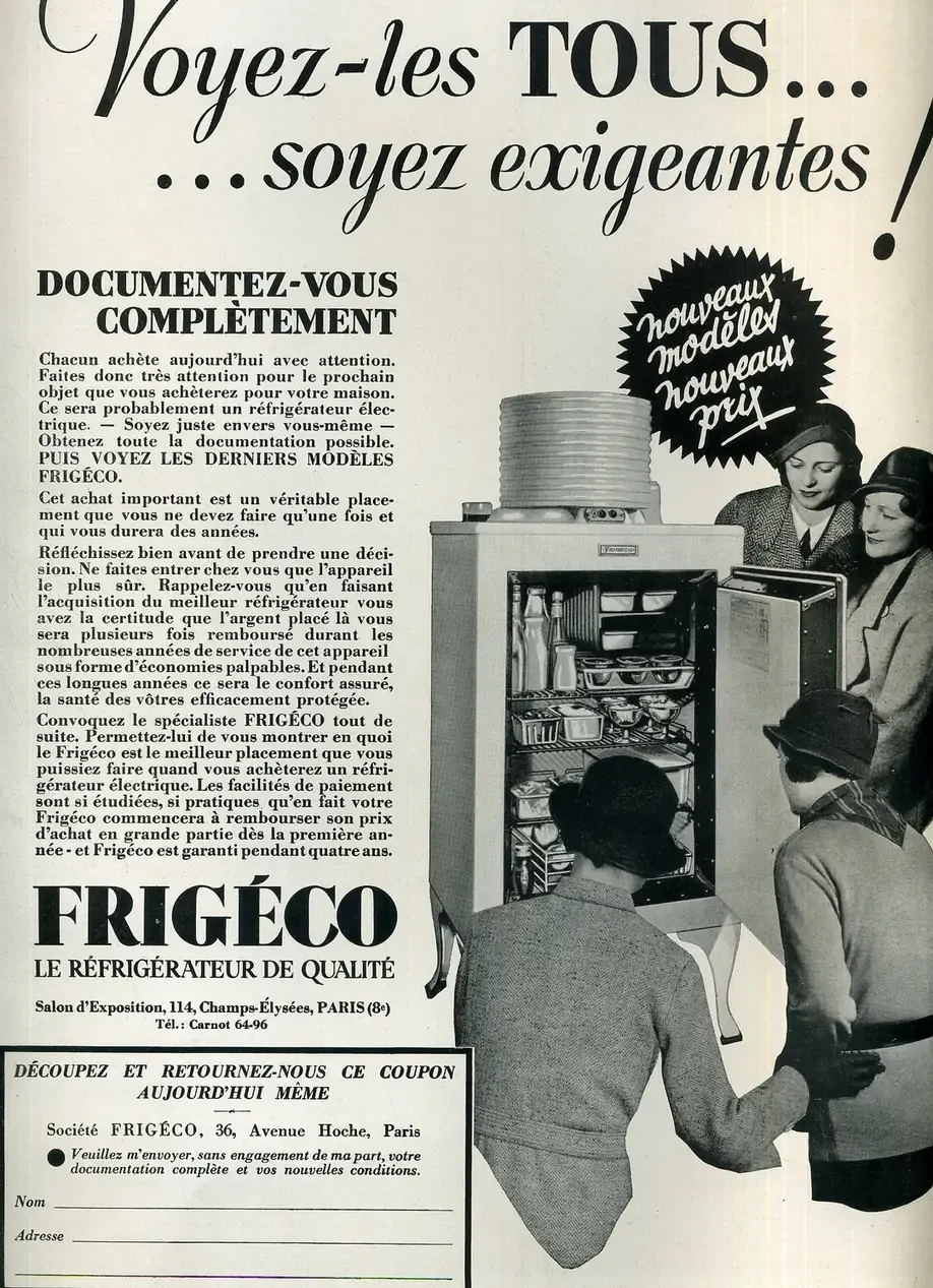 A French magazine advertisement for Frigéco refrigerators, showing three women in coats and hats admiring an open refrigerator stocked with food, above French advertising copy.