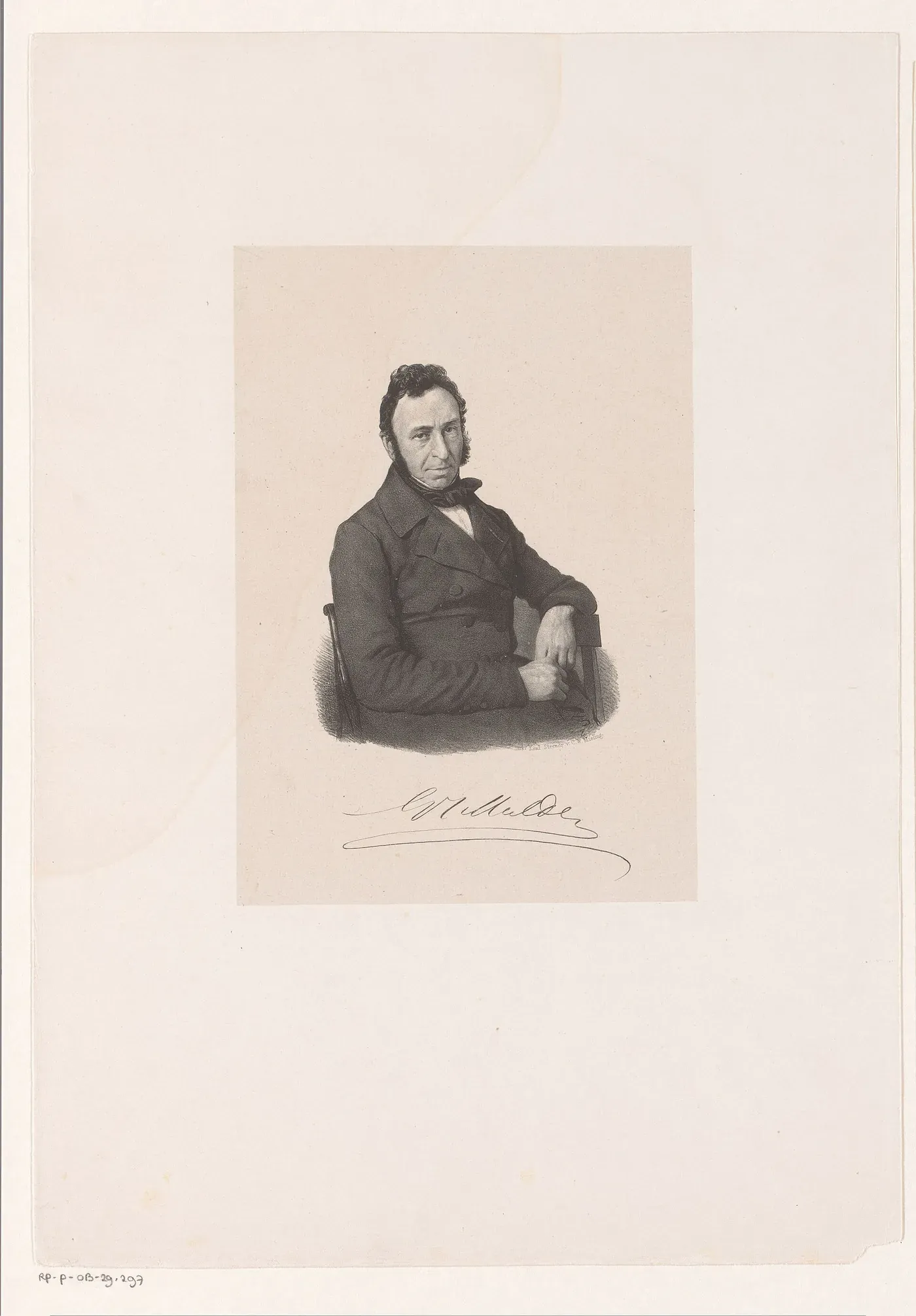 A seated half-length lithograph portrait of a man with dark curly hair and long sideburns, one arm resting on the back of a chair, signed 'G.J. Mulder' beneath.
