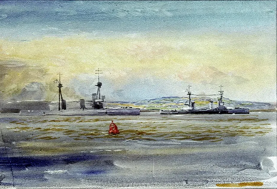 A watercolour of two British battlecruisers riding at anchor in a calm, hazy harbour, seen across open water past a red mooring buoy.