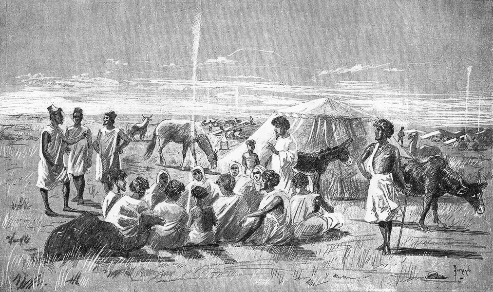 A nineteenth-century engraving of a group of West African traders and their pack donkeys gathered near tents on open grassland, negotiating a sale.