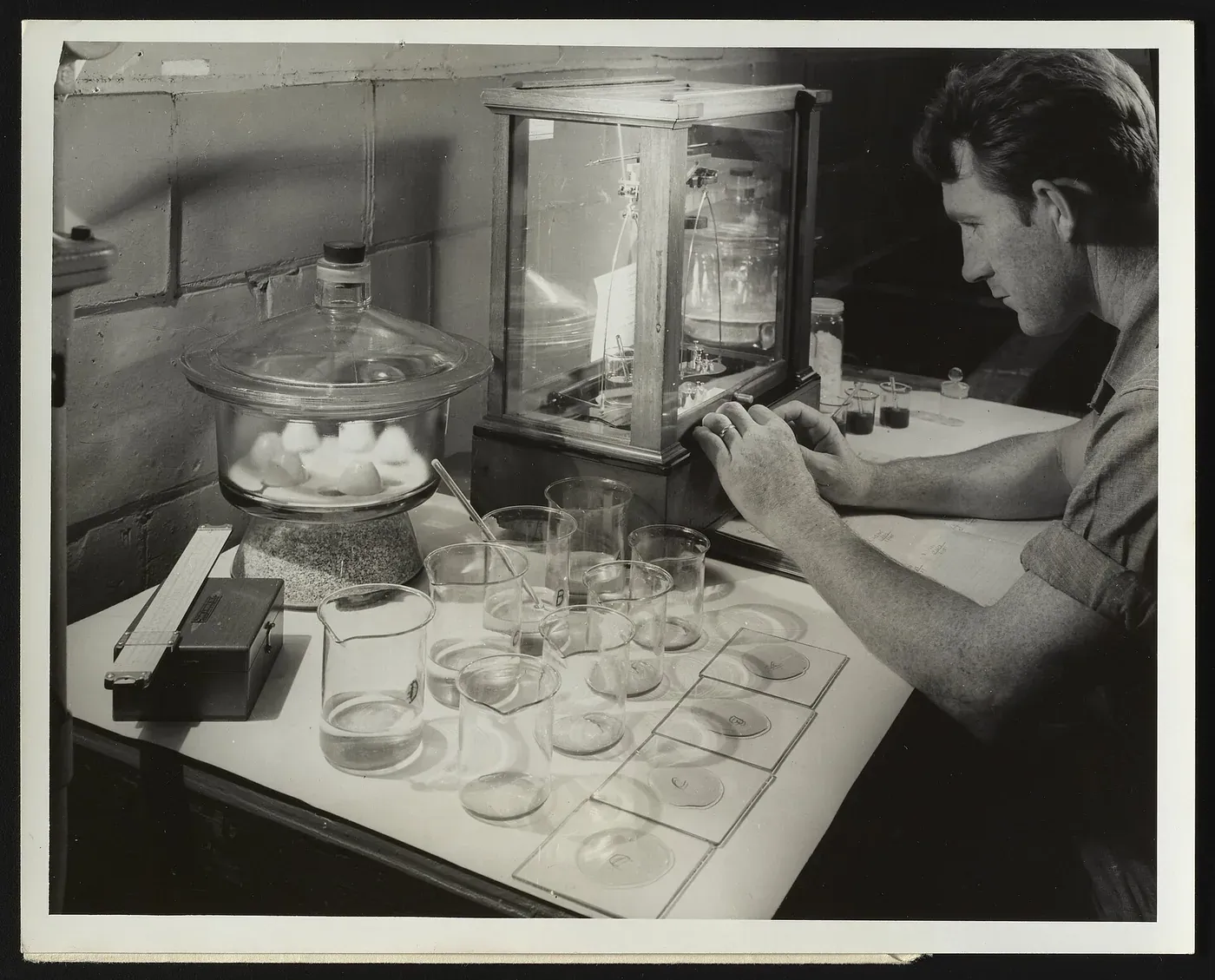 A laboratory technician at a workbench crowded with beakers, glass sample plates and an analytical balance in a glass case, examining test samples of a viscose solution.