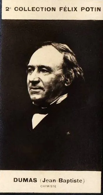 Engraved portrait of Jean-Baptiste Dumas in formal nineteenth-century dress, on a printed collectible card.
