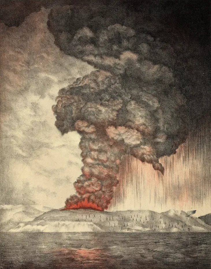 A lithograph of a volcanic island erupting at night, a dark ash column rising from a glowing red base and trailing ash across the sky.