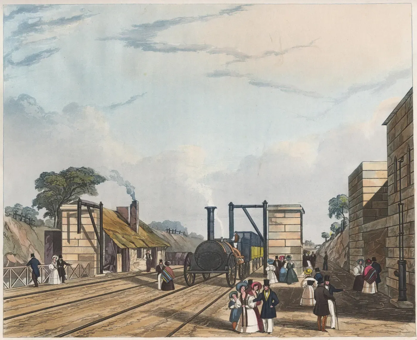 A hand-coloured print of an early steam train pulling open carriages of passengers along a raised embankment, with a horse-drawn carriage on a road below.