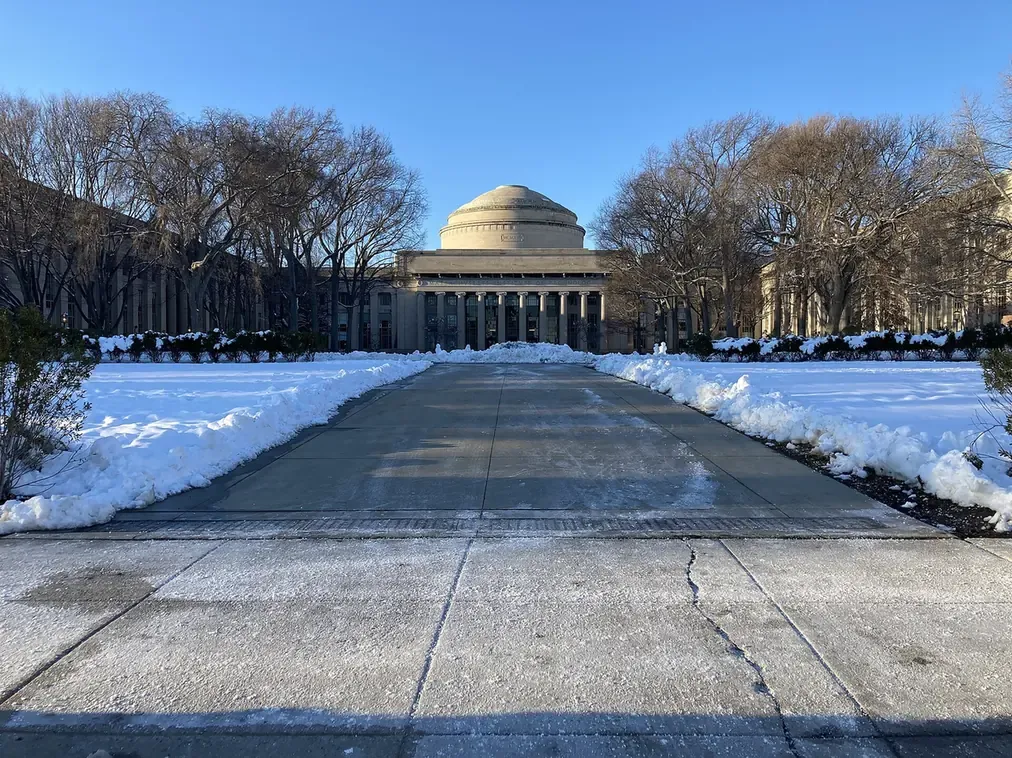 A domed neoclassical building with tall columns, seen across a snow-covered courtyard framed by bare trees.