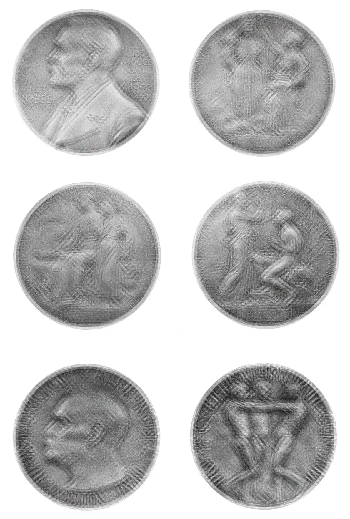 Six photographic plates of engraved silver Nobel Prize medals, each showing a profile portrait or classical allegorical figures, arranged in two columns.