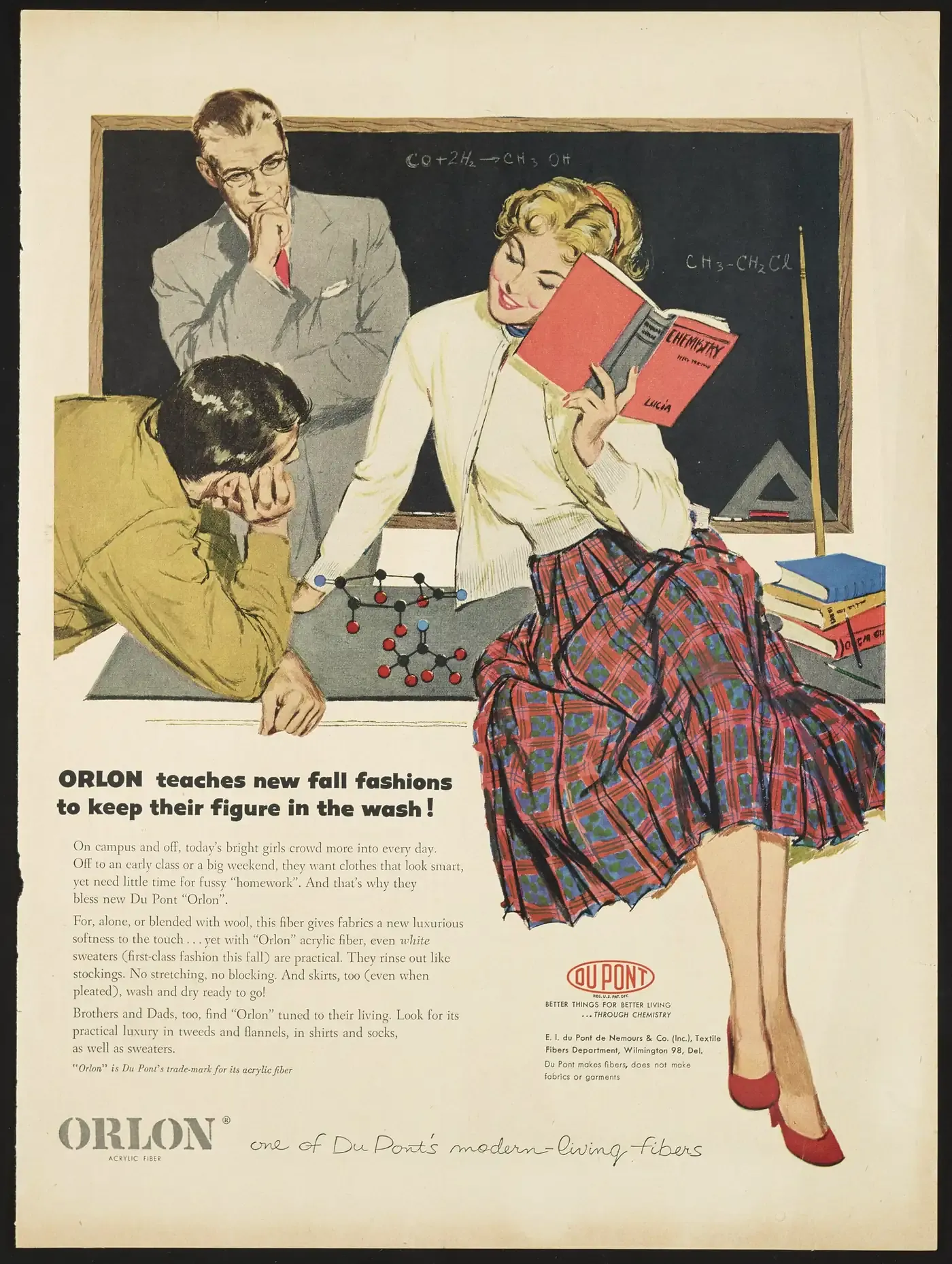 A 1950s magazine advertisement illustration showing a teacher and two students examining a ball-and-stick molecular model at a classroom blackboard, with a young woman in a plaid skirt and white cardigan reading a chemistry textbook in the foreground.