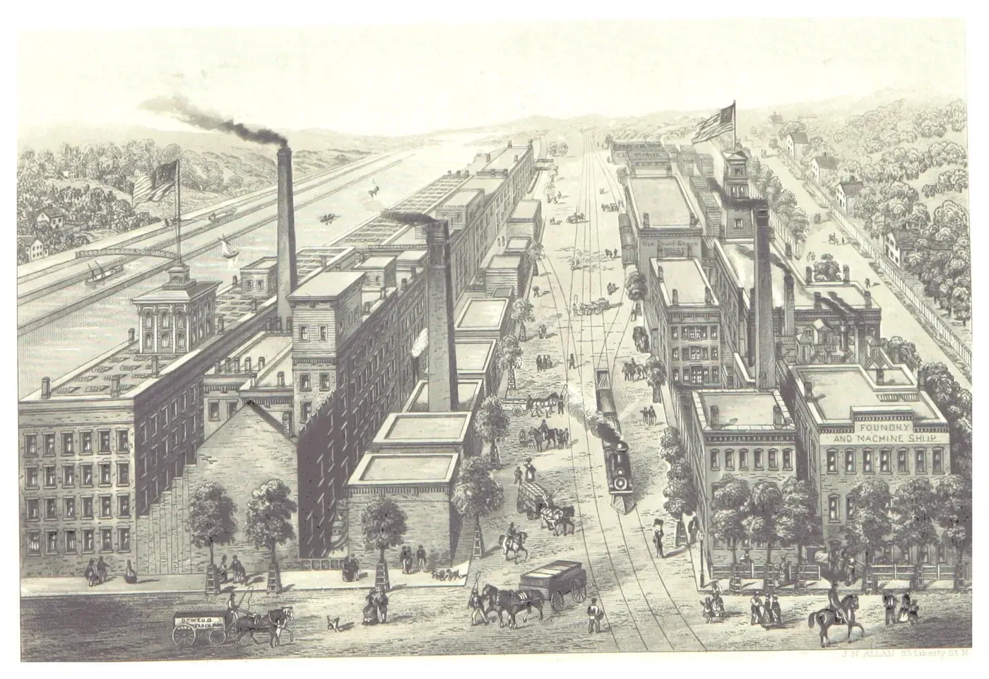 An 1876 bird's-eye engraving of a large riverside starch factory complex, with tall smoking chimneys, rows of multi-storey brick mill buildings, a rail spur, and horse-drawn wagons on the street below.