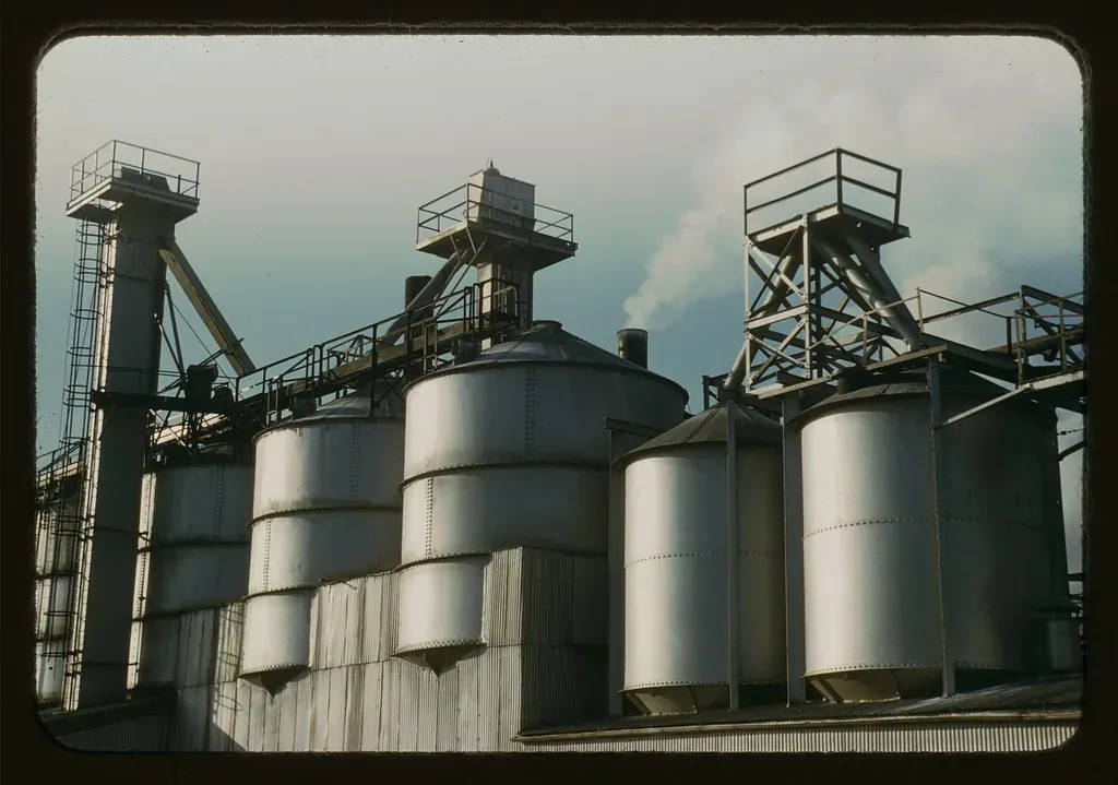 Tall cylindrical steel storage silos and elevated walkways at an industrial batch house, with smoke rising from a stack behind, photographed in colour against a pale sky.