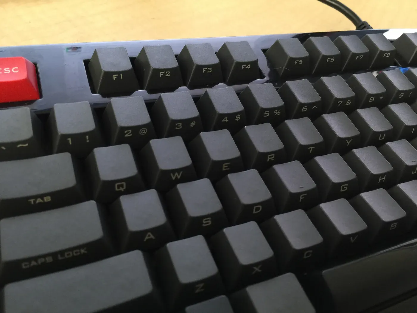 A close-up view of a mechanical keyboard's function-row and number-row keycaps in matte dark grey, with a single red Escape key at the left edge.