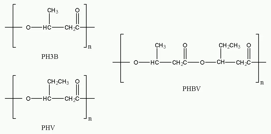 A chemical structure diagram showing three repeat units in square brackets: PH3B with a methyl side group, PHV with an ethyl side group, and PHBV, a copolymer combining both units in one chain.