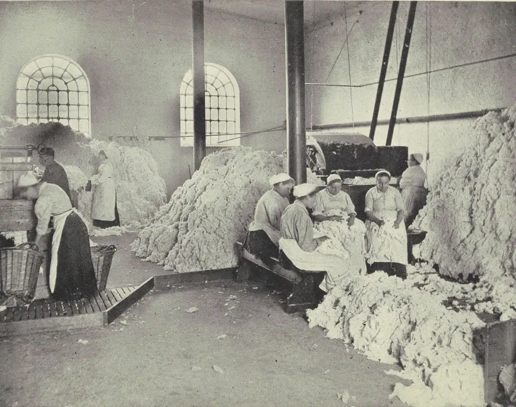 Women in aprons and caps seated at a bench inside a mill, sorting through enormous loose piles of raw cotton waste stacked around them under tall arched windows.