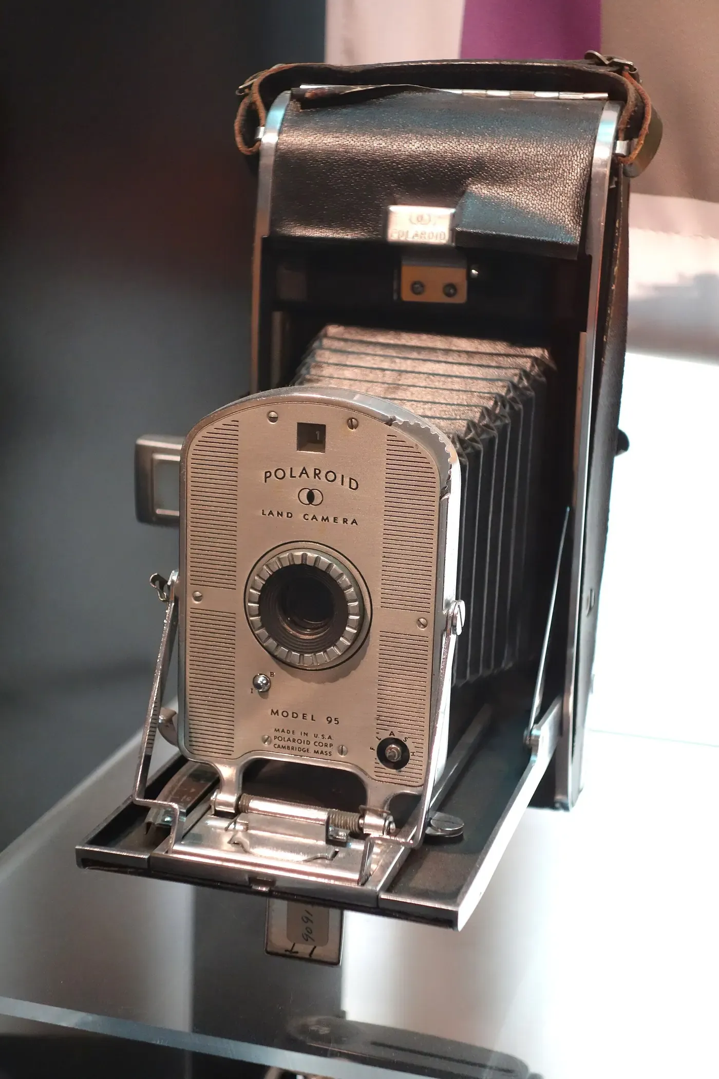 A folding bellows camera on a museum stand, its front panel reading POLAROID LAND CAMERA MODEL 95, lens housing and accordion bellows extended.