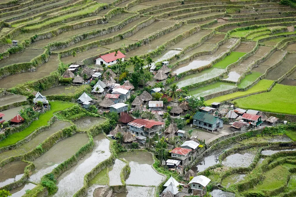Aerial view of steep, terraced rice paddies wrapped around a hillside village of thatched and tin-roofed houses, the paddies flooded and reflecting the sky.