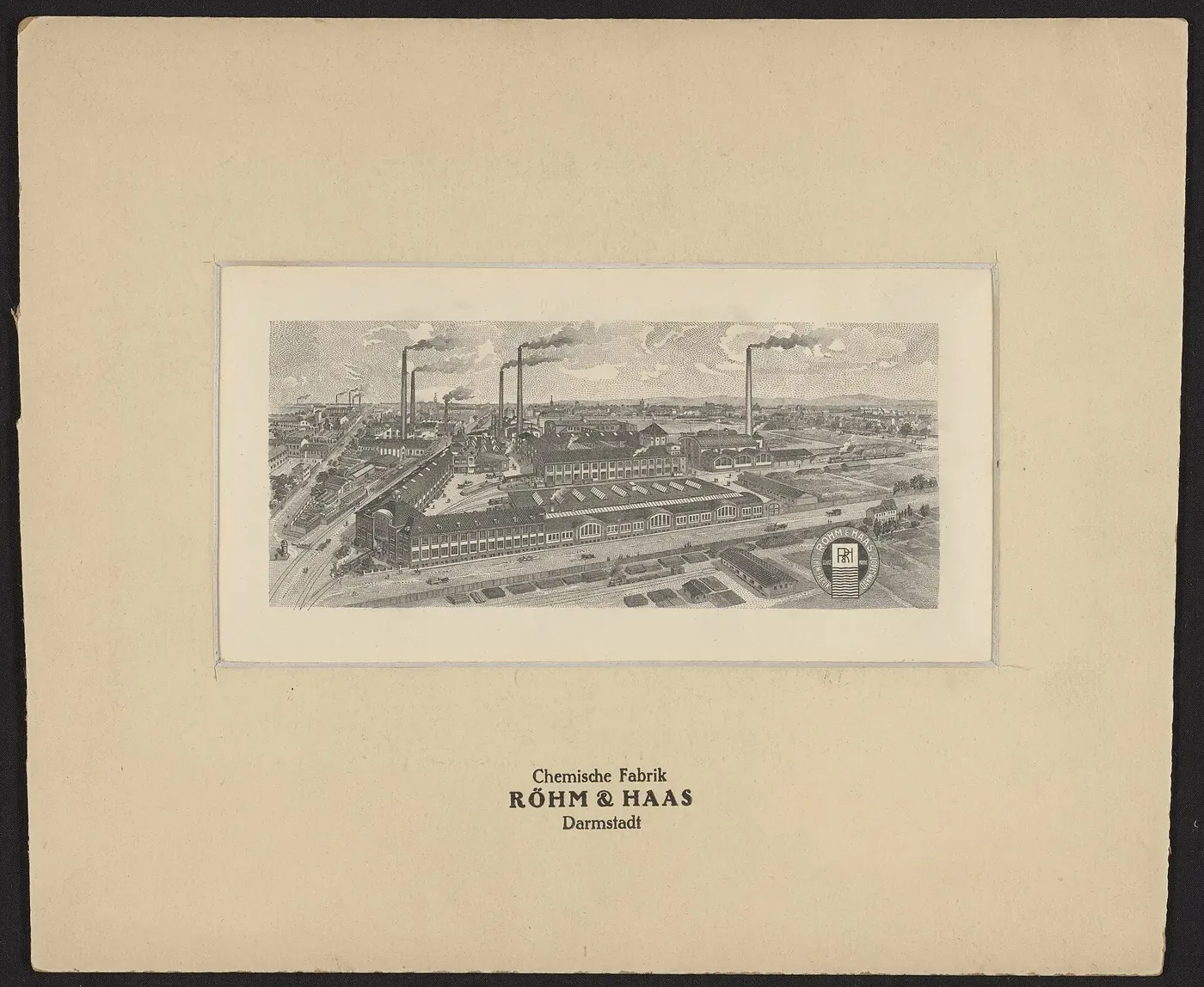 An engraved bird's-eye illustration of a sprawling factory complex with several tall smoking chimneys, mounted on a period card captioned 'Chemische Fabrik Röhm & Haas, Darmstadt.'