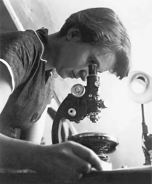 A young woman with short dark hair, seen in profile, bent closely over a brass microscope on a laboratory bench, one hand resting on the stage.